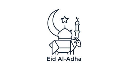 Obraz premium Line art illustration for Eid Al-Adha featuring a mosque, crescent moon, star, and a stylized goat.