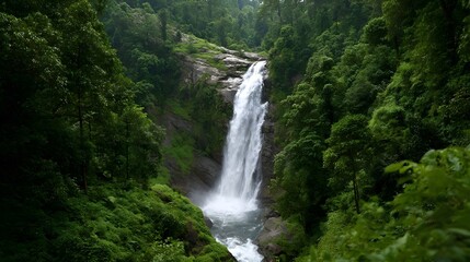 Fototapeta premium A powerful waterfall cascades down a rocky cliff within a dense lush green jungle environment