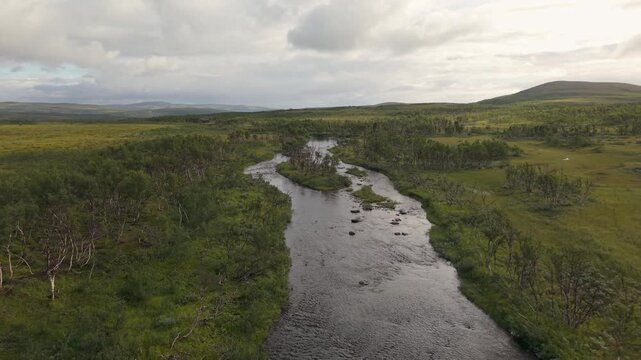A Quiet River Winds Through Low Tundra and Scattered Shrubs Beneath an Open Sky, Along the E69 Road in Finnmark, Norway - Drone Flying Forward