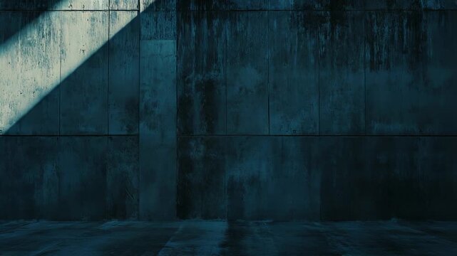 Rough textured concrete wall and floor displaying a stark contrast between dark shadow and a diagonal ray of light, creating a dramatic and moody industrial background with copy space
