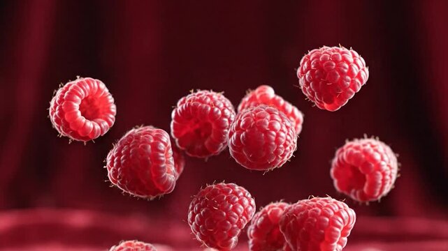 Close-up of several red raspberries seemingly floating against a blurred, deep red background