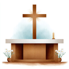 Watercolor cartoon clipart of religious altar with cross and candle on white background for design and decoration