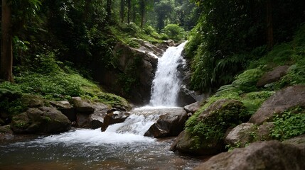 Fototapeta premium A vibrant cascading waterfall flows over moss covered rocks amidst a lush dense rainforest