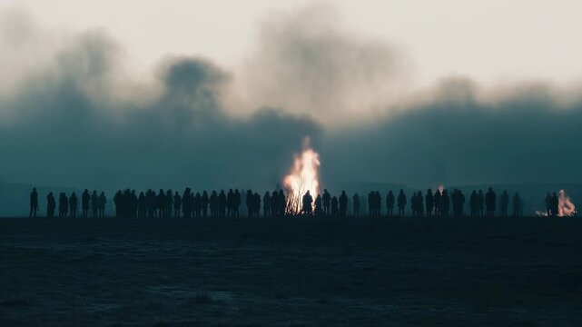 respectful distance from cremation fire, wide spacing between figures, minimalistic composition, mut 4K