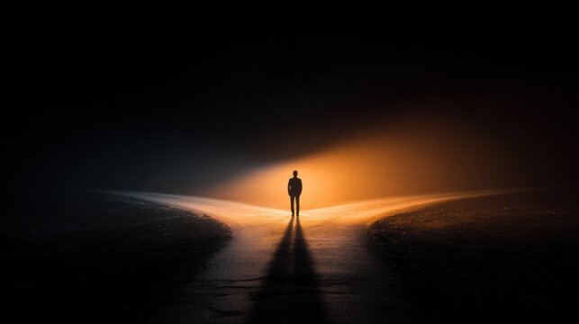 Standing at a Crossroads With Two Diverging Paths Under Dramatic Light and a Dark Background at Night