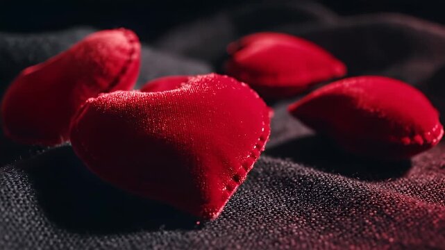 Red hearts on a dark fabric, conveying love and affection from a close-up perspective