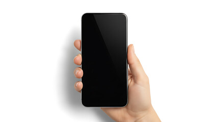 Hand holding blank screen smartphone mockup on white background