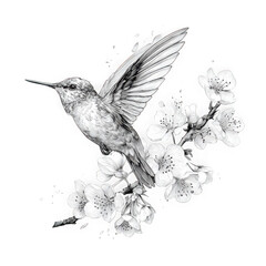 Fototapeta premium Hummingbird in flight near delicate white blossoms on black background