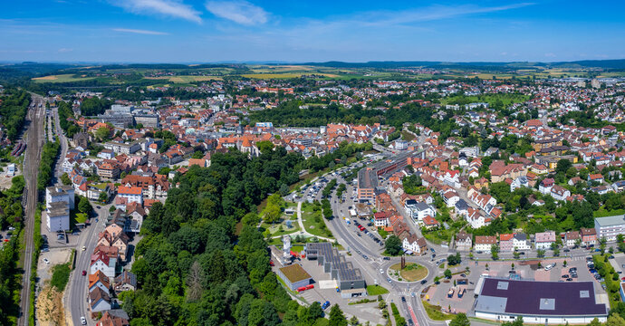 Panoramic aerial view of the old town in the city Backnang on a sunny day in spring, Germany , Baden-W&uuml;rttemberg