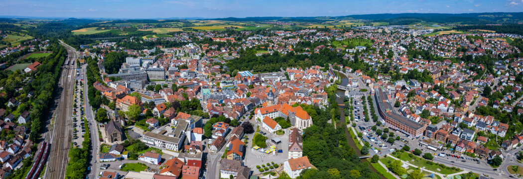 Panoramic aerial view of the old town in the city Backnang on a sunny day in spring, Germany , Baden-W&uuml;rttemberg