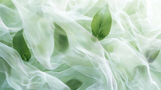 Green leaves on sheer fabric; nature, texture, background, design, spring
