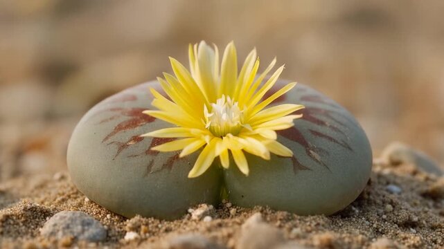 Time lapse of a Living Stone plant, Lithops, from bud to full bloom, showing vibrant yellow flower