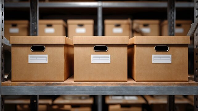 Rows of neatly labeled cardboard storage boxes are organized on metal shelves within a professional warehouse or archive facility