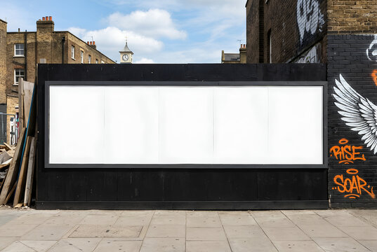 Large blank white billboard mockup on a black wooden hoarding in a city street with urban buildings background