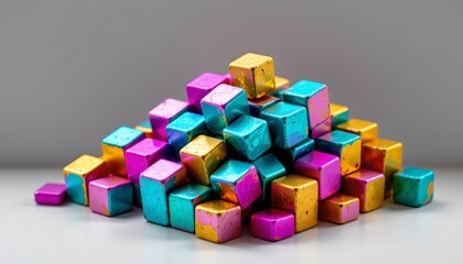 A pile of small, multi colored cubes with sparkles.