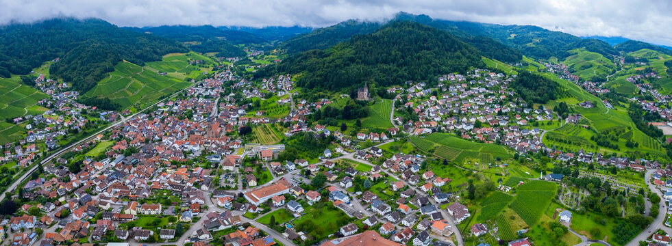 Aerial panoramic view of the city Kappelrodeck in Germany, Baden-W&uuml;rttemberg on a sunny spring 