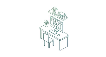 Obraz premium Isometric Line Art Office Workspace with Computer Desk and Chair on Isolated White Background