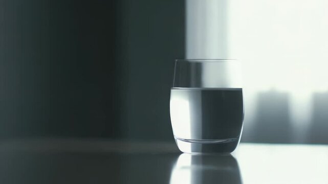 Clean water pouring into a clear glass on a reflective surface, highlighting concepts of hydration, health, purity, and refreshment against a bright, minimalist background