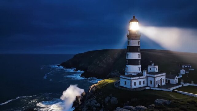 Illuminated black and white striped lighthouse on rocky cliff by ocean at night with light beam guiding sea navigation