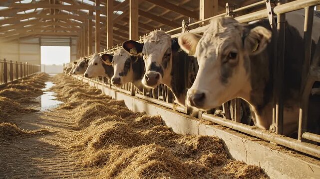 Cows eating hay in a modern barn with sunlight streaming through the window