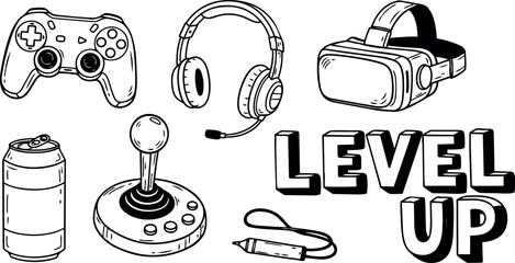 Hand drawn gaming controller joystick headphones and virtual reality headset with level up text sketch style vector art © PixelPaletteArt