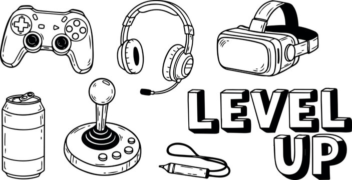 Hand drawn gaming controller joystick headphones and virtual reality headset with level up text sketch style vector art