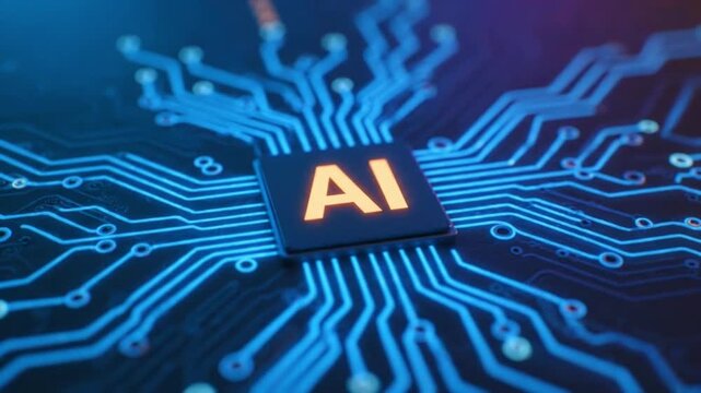 Artificial intelligence chip with glowing blue circuits on microchip