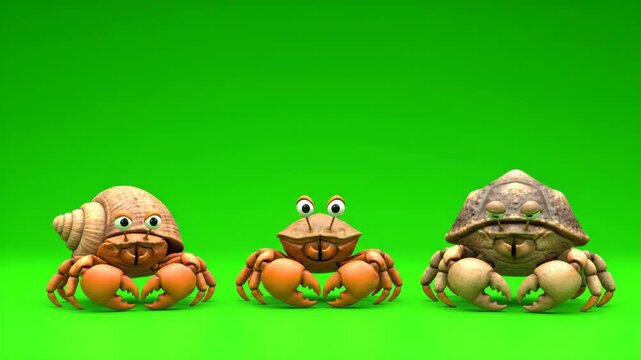 Cute 3D Cartoon Crabs Dance and Swap Shells on Green Screen