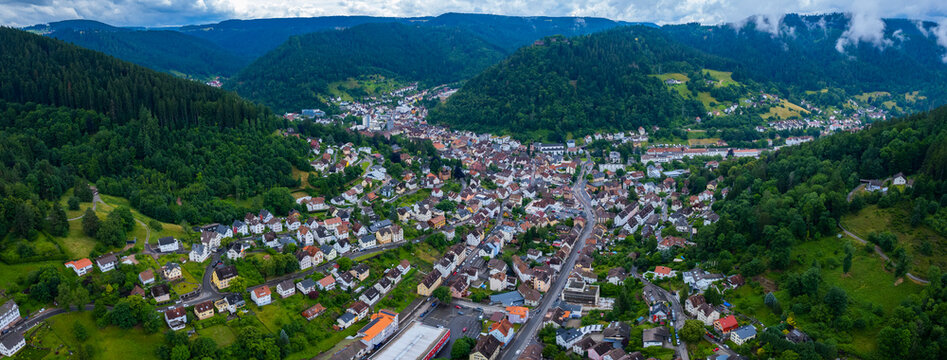 Aerial panoramic view of the city Schramberg in Germany on a sunny spring day