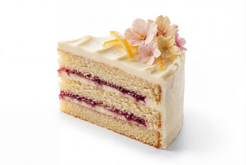 slice of layered sponge cake with whipped cream decoration close-up isolated on white background