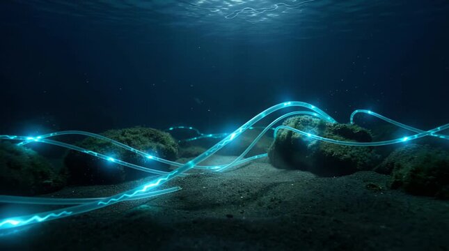 Underwater Cable System Connecting Rocks on Seabed with Sunlight
