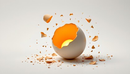 An eggshell is shattered into pieces around an intact egg, with some fragments flying away, creating a dynamic and fragile scene.