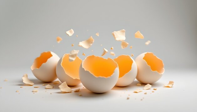 A group of unbroken eggs scattered across a surface with cracked eggshells in close proximity.