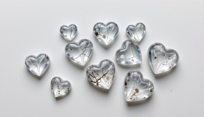 A collection of heart shaped jewelry items laid out against a contrasting background