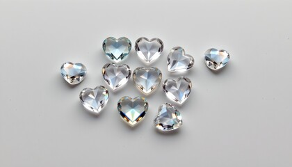 A collection of clear gemstones that have been cut into heart shapes, all scattered across a white surface with a shadow beneath them.