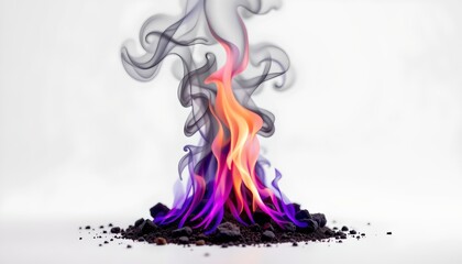 A cluster of flame like shapes in various shades of blue, green, orange, and purple, resembling a small fire.