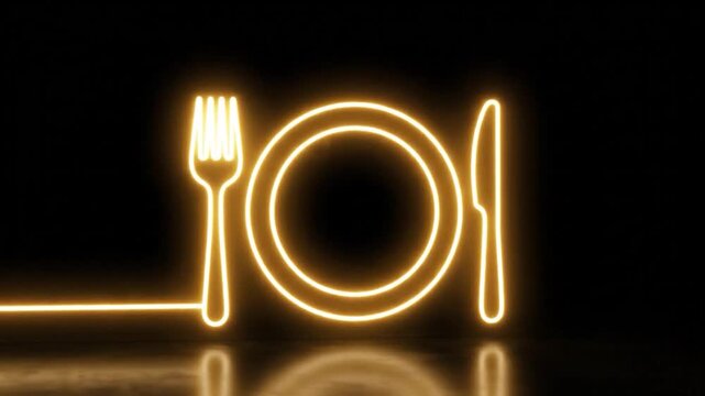 A glowing neon fork and plate illustration on a dark background, with a reflective floor