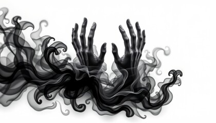 A striking visual of human hands emerging from a swirling mass of dark smoke, with a single figure obscured by the black, curling plume.