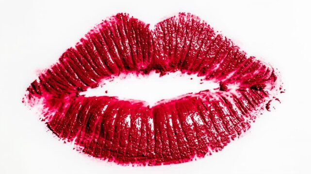 Sequence of red lipstick prints appearing and disappearing, simulating a kiss mark animation. Feminine and romantic concept isolated on a clean, white background for easy compositing