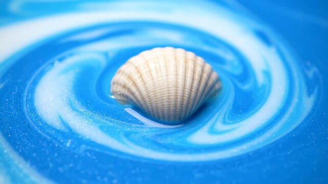 A shell sits center stage within a blue and white vortex, highlighting textures and contrasts