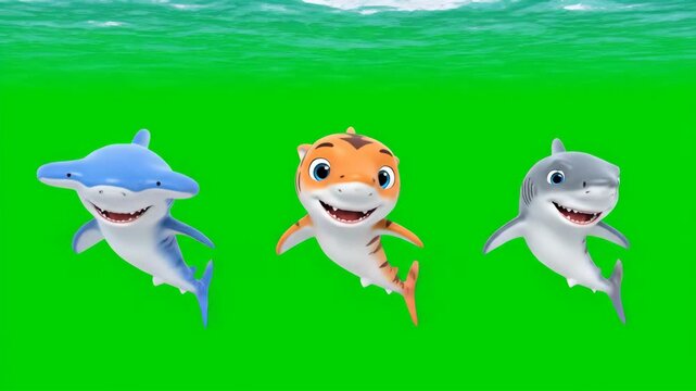 Three adorable cartoon sharks perform a synchronized dance underwater