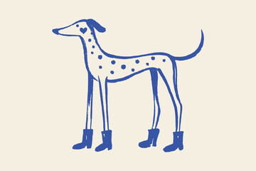 Fototapeta premium Dog in boots naive doodle vector illustration