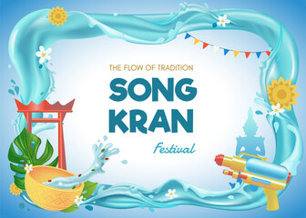 Songkran Festival Blue Background Template Featuring Thai Cultural Elements