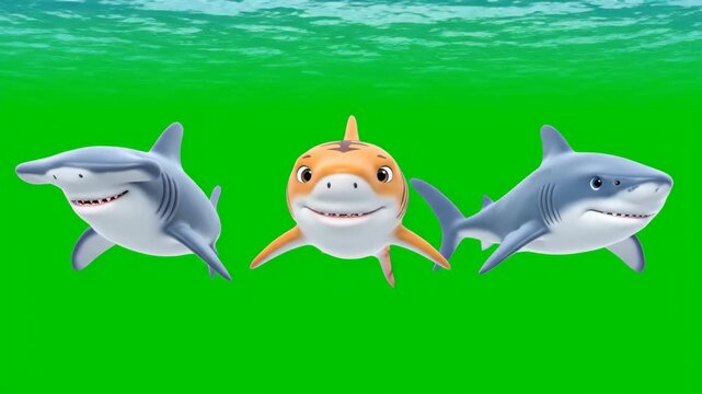 Adorable 3D Cartoon Sharks Synchronized Swimming with Dorsal Fin Wave