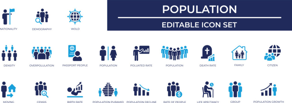 Population solid icons set for demographic analysis, census statistics, social growth, group diversity, and human community analytics.