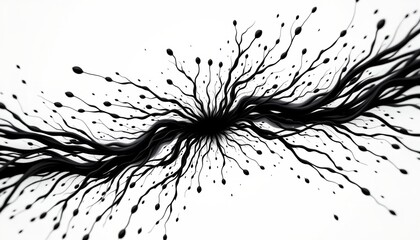 An artistic representation of a branch with leaves against a stark black background. The branch, dark in color, is scattered with drops that resemble rain or snow