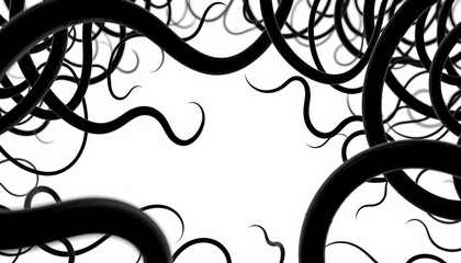 An intriguing abstract art piece featuring a large cluster of intertwined black lines that take the form of numerous long curls