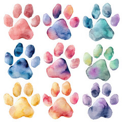 Colorful watercolor paw prints isolated on transparent background
