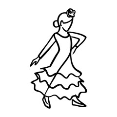Baile típico español. Dibujo con única línea de niña bailarina de flamenco con flor en el pelo  © teracreonte