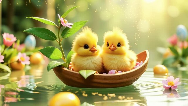 Easter chicks float in a nutshell boat decorated with violets. Flowers surround them, colorful Easter eggs float, and gold flakes.